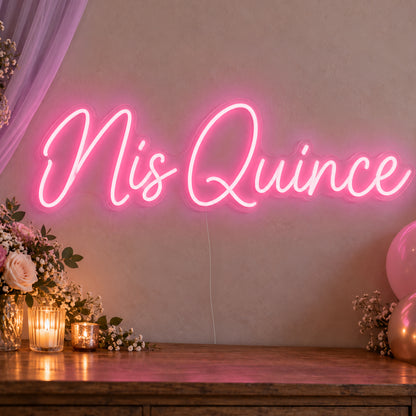 Mis Quince Neon Sign in rose red LED neon on clear acrylic, angled view