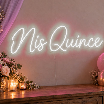 Mis Quince Neon Sign in white LED neon on clear acrylic, angled view