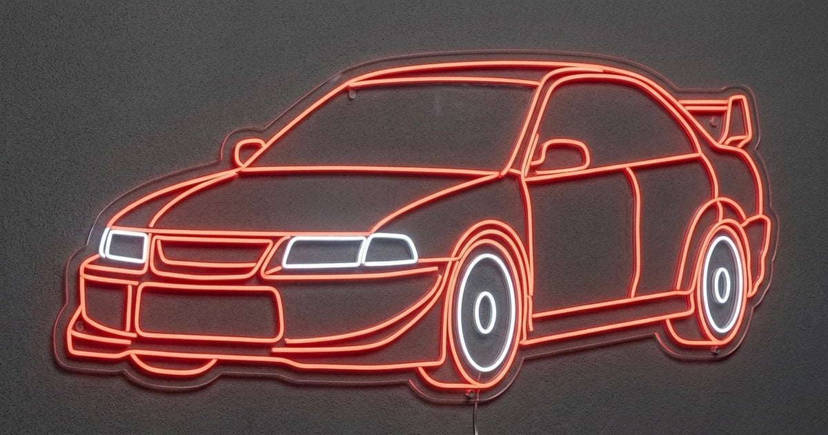 Mitsubishi Lancer Evolution VI LED Neon Sign – Red in red, featuring Mitsubishi Lancer Evolution car outline against a dark background.