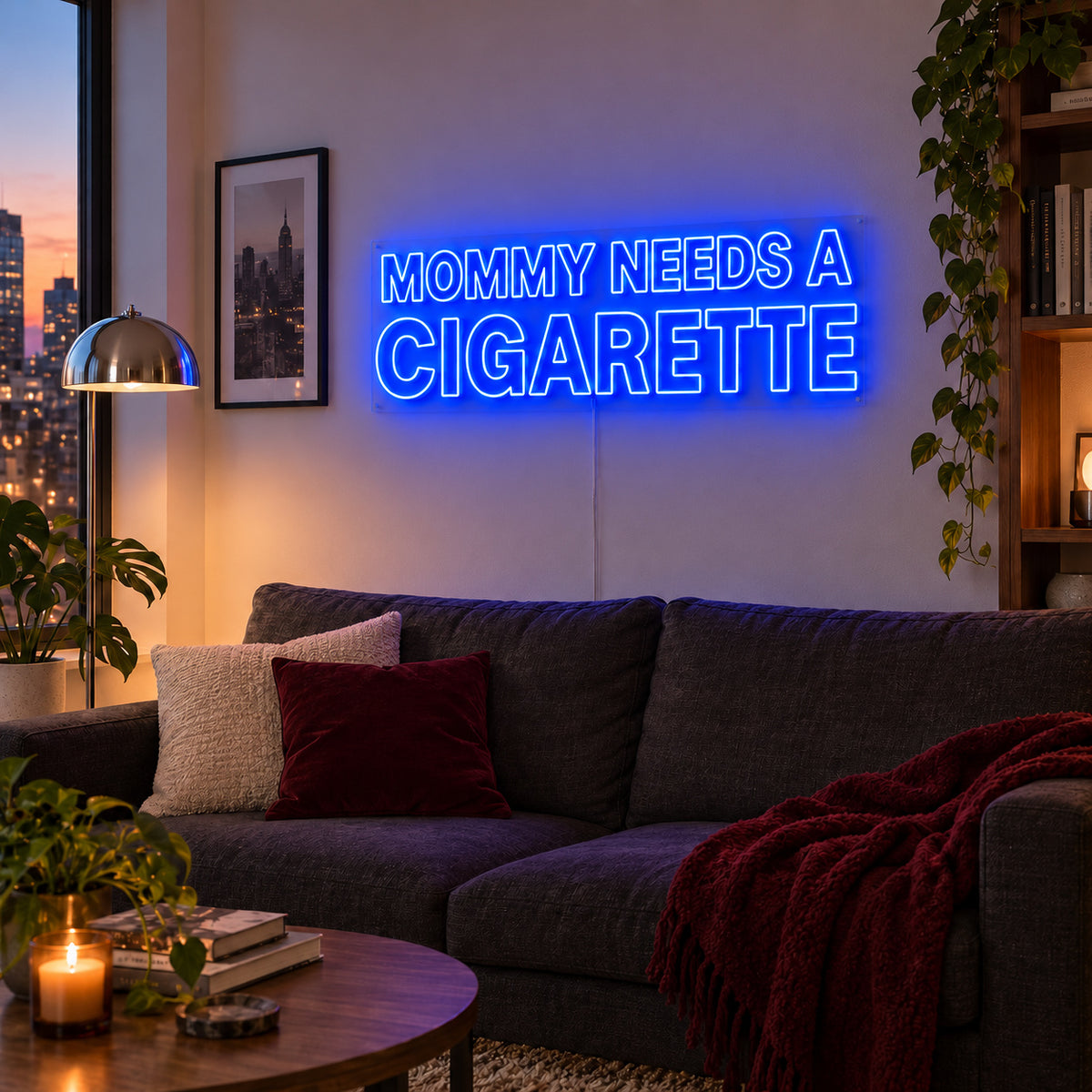 Mommy Needs A Cigarette Neon Sign glowing blue above a brown sofa.