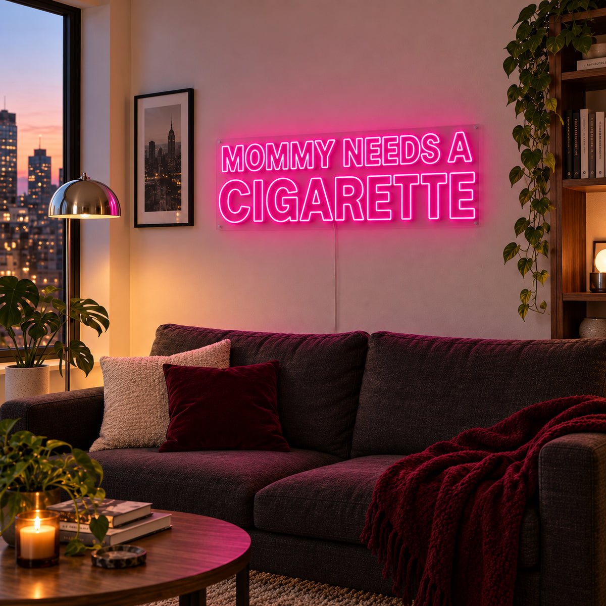 Rose Red version of the Mommy Needs A Cigarette Neon Sign, shown above a brown sofa.