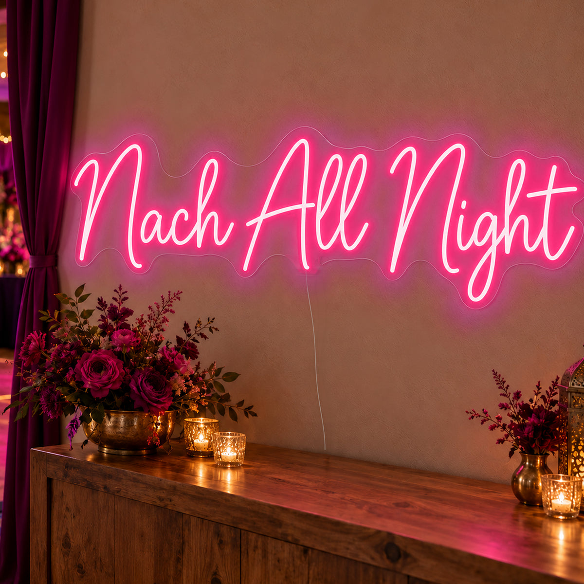 Nach All Night Neon Sign in rose red LED neon on clear acrylic, angled view