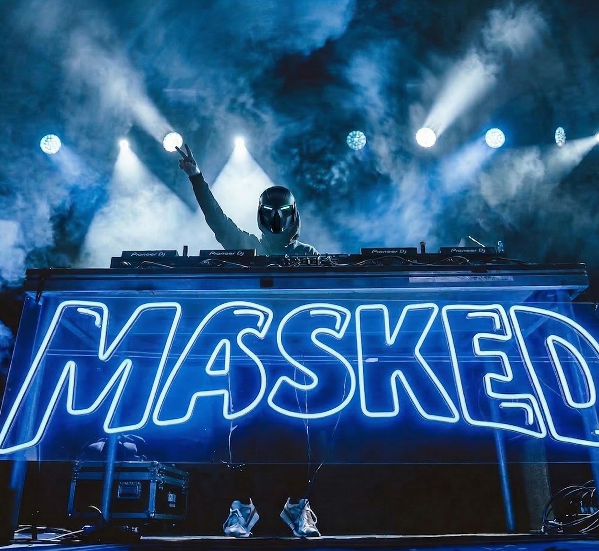 Blue MASKED LED neon sign across a DJ booth, shown as custom sign inspiration for Henley Beach.