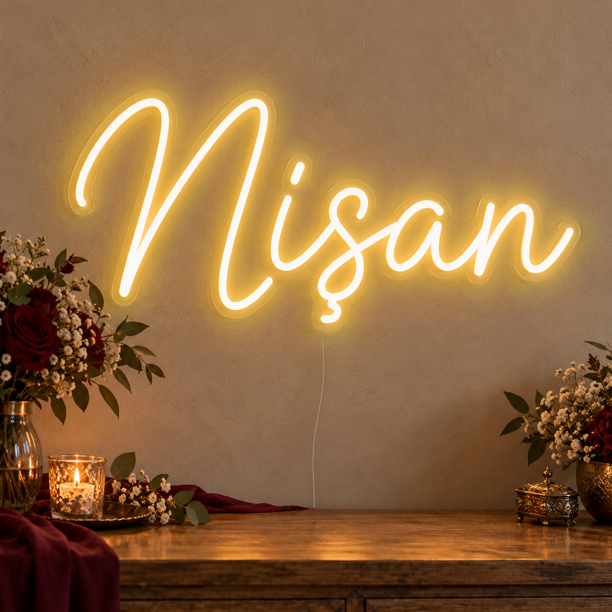 Nişan Neon Sign in gold LED neon on clear acrylic, angled view