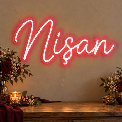 Nişan Neon Sign in red LED neon on clear acrylic, angled view