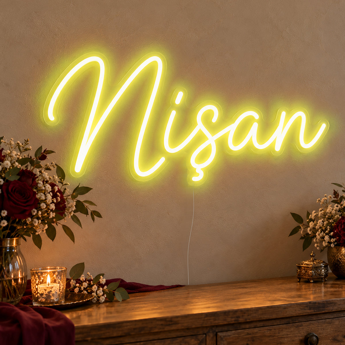 Nişan Neon Sign in yellow LED neon on clear acrylic, angled view