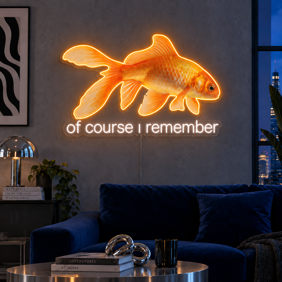 Of Course I Remember Neon Sign with an orange goldfish outline, printed fish detail and white lettering on clear acrylic
