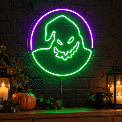 Oogie Boogie Neon Sign featuring Oogie Boogie's green face inside a circular outline with a purple upper arc, glowing on a dark wall in a Halloween room display.