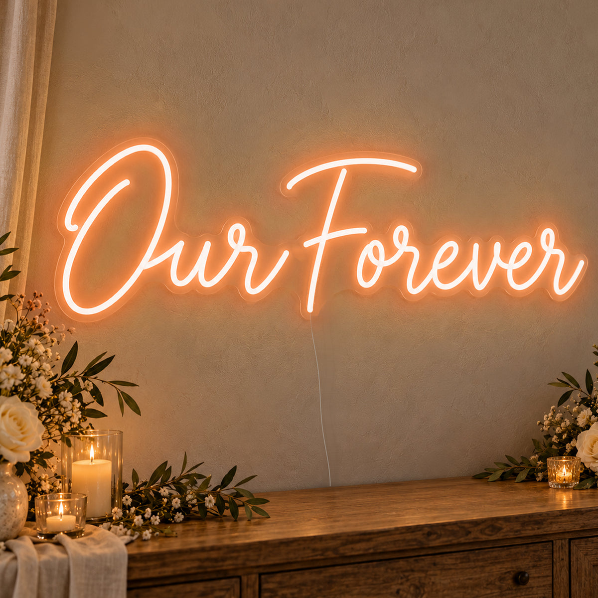 Our Forever Neon Sign in orange LED neon on clear acrylic, angled view