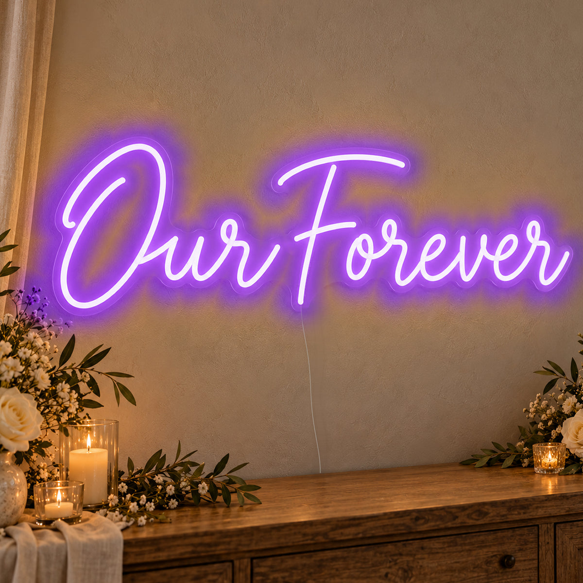 Our Forever Neon Sign in purple LED neon on clear acrylic, angled view