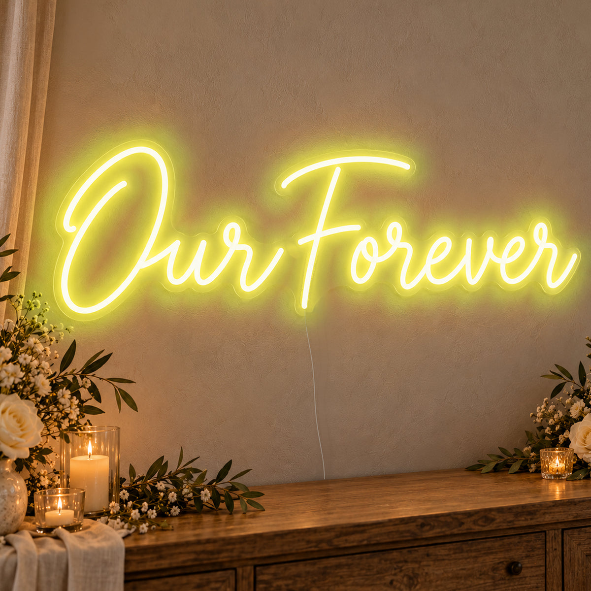 Our Forever Neon Sign in yellow LED neon on clear acrylic, angled view