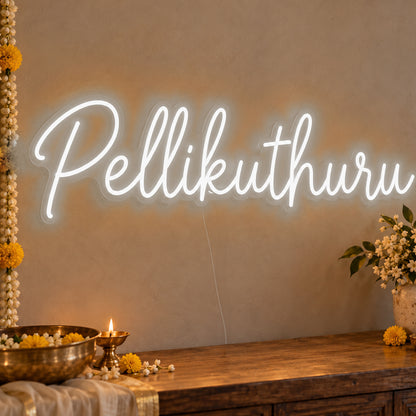 Pellikuthuru Neon Sign in white LED neon on clear acrylic, angled view