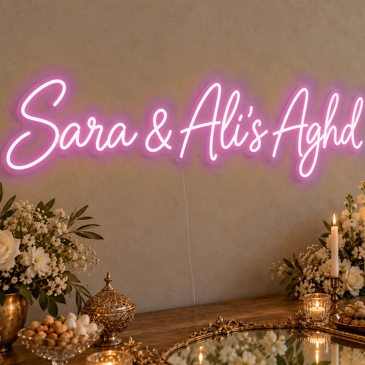 Personalised Aghd Neon Sign in pink LED neon on clear acrylic, angled view