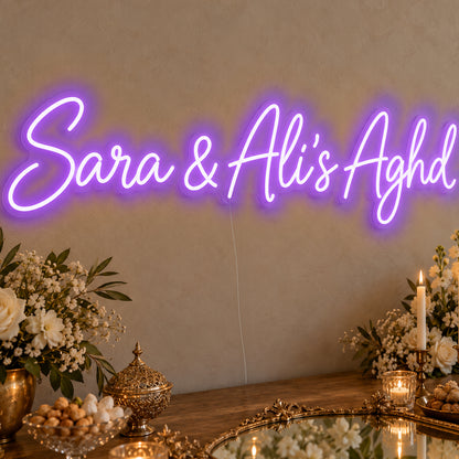 Personalised Aghd Neon Sign in purple LED neon on clear acrylic, angled view