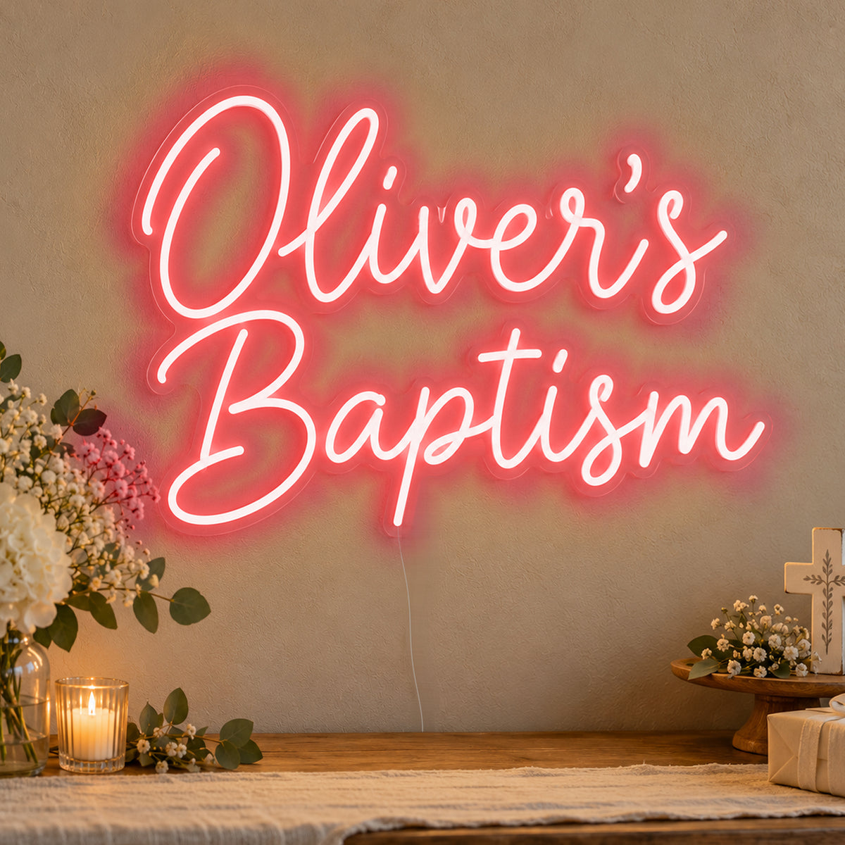 Personalised Baptism Neon Sign in red LED neon on clear acrylic, angled view