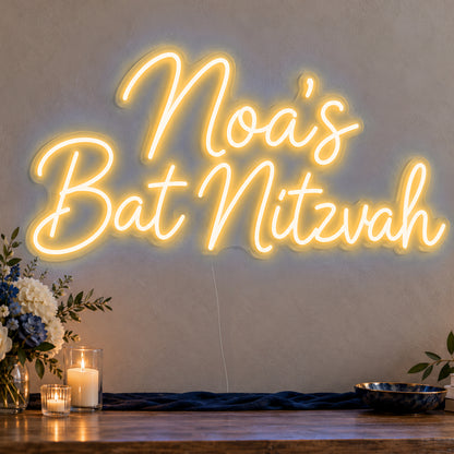 Personalised Bat Mitzvah Neon Sign in gold LED neon on clear acrylic, angled view
