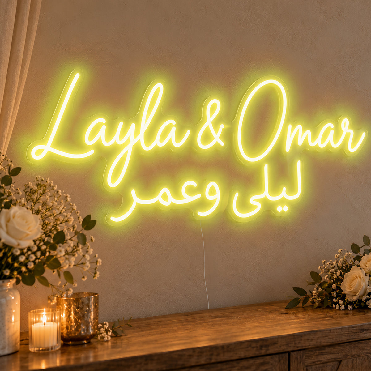 Personalised Bilingual Arabic English Names Neon Sign in yellow LED neon on clear acrylic, angled view