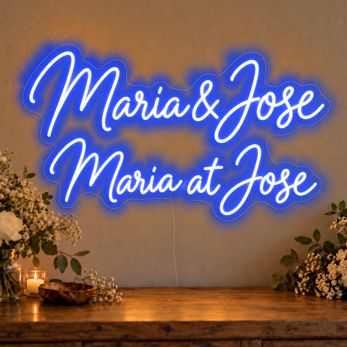 Personalised Bilingual Filipino Names Neon Sign in blue LED neon on clear acrylic, angled view
