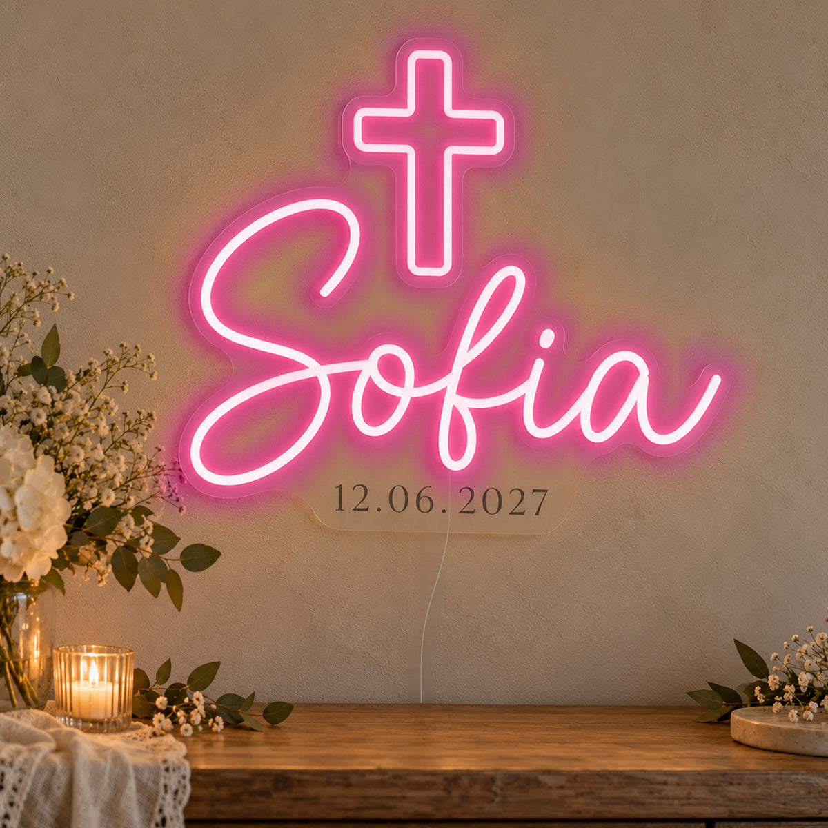 Personalised Cross Name Date Neon Sign in rose red LED neon on clear acrylic, angled view