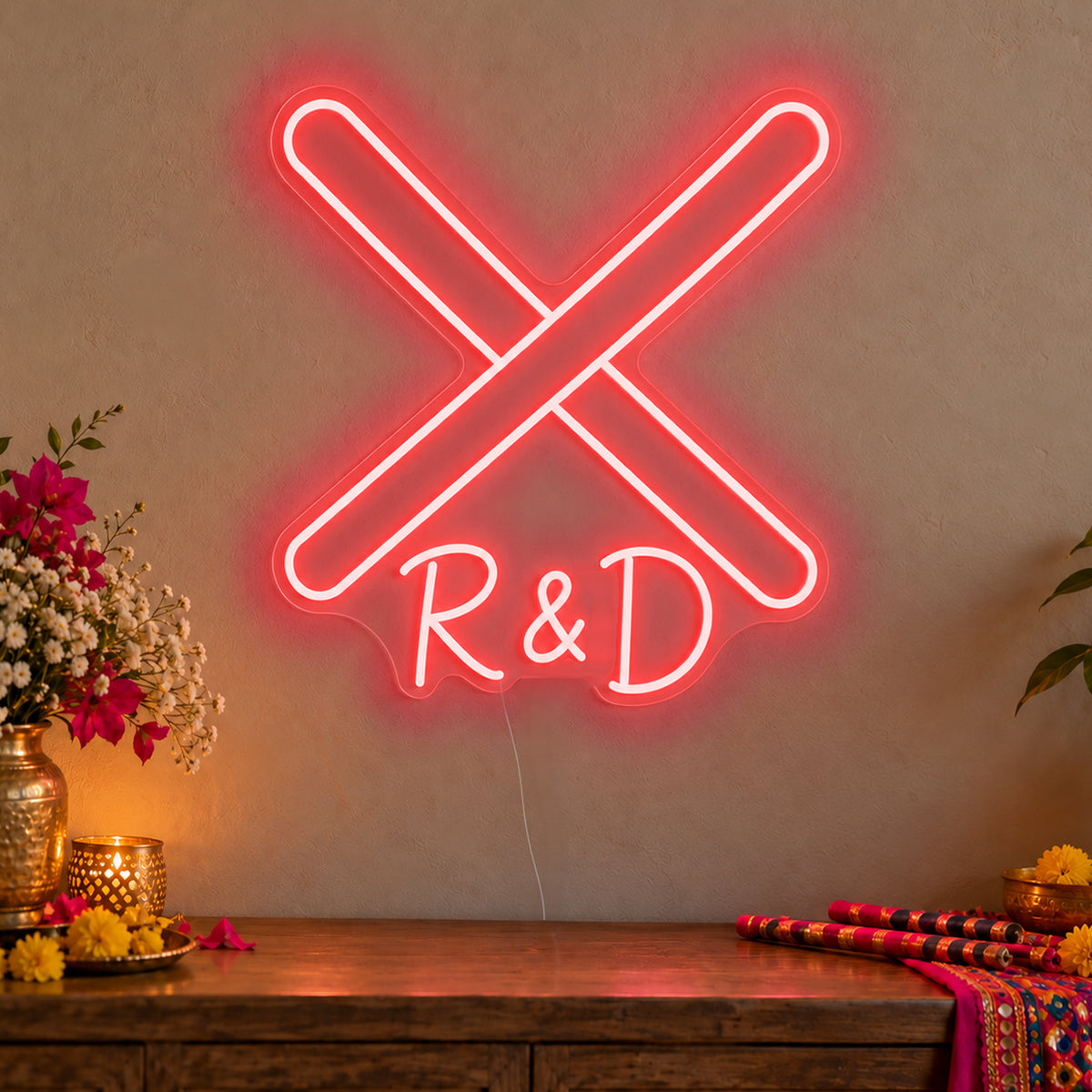Personalised Dandiya Initials Neon Sign in red LED neon on clear acrylic, angled view