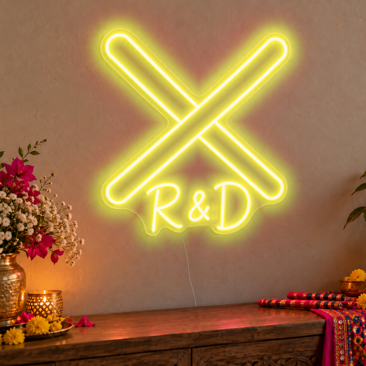 Personalised Dandiya Initials Neon Sign in yellow LED neon on clear acrylic, angled view