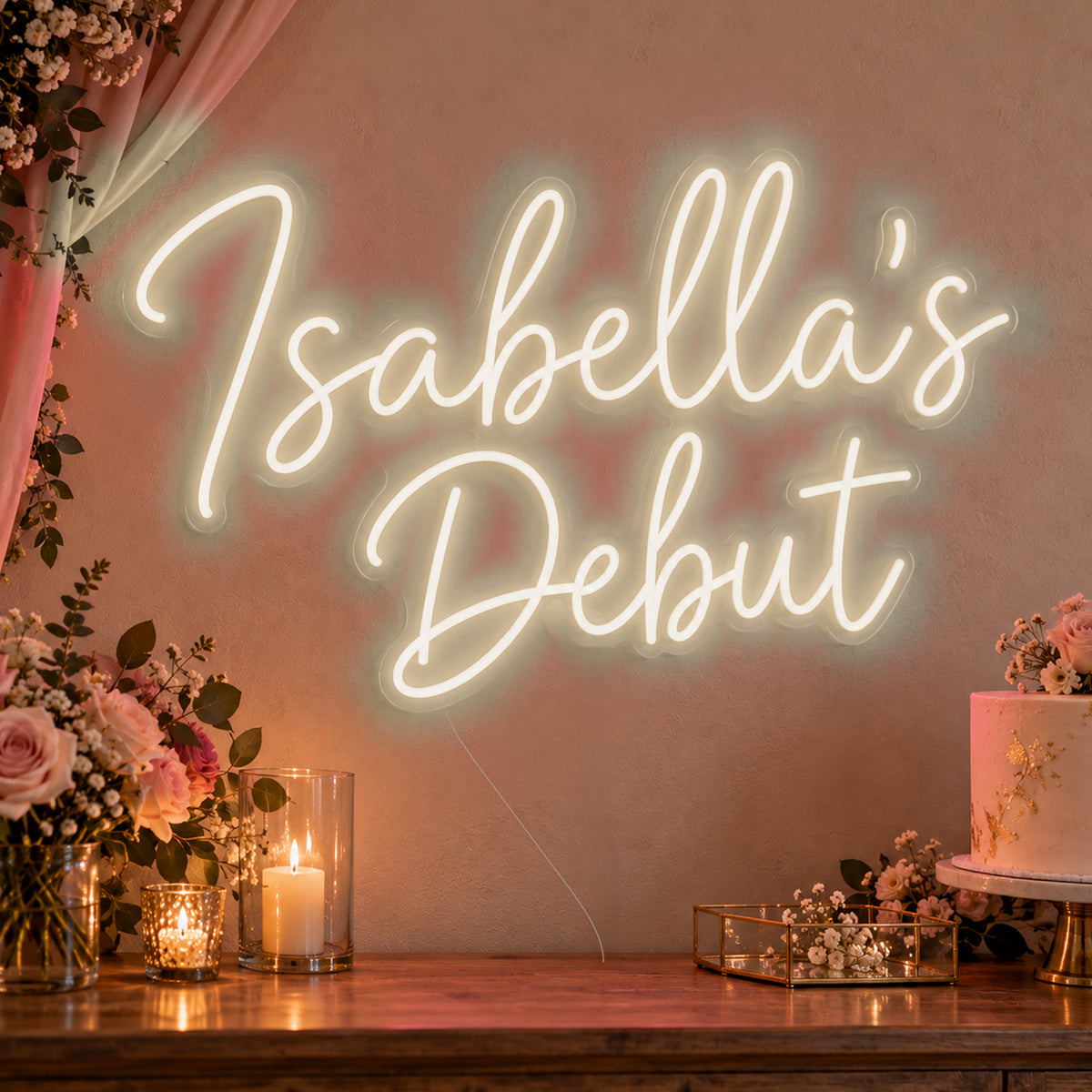 Personalised Debut Neon Sign in warm white LED neon on clear acrylic, angled view