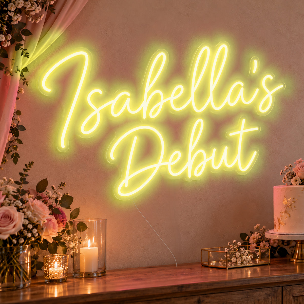 Personalised Debut Neon Sign in yellow LED neon on clear acrylic, angled view