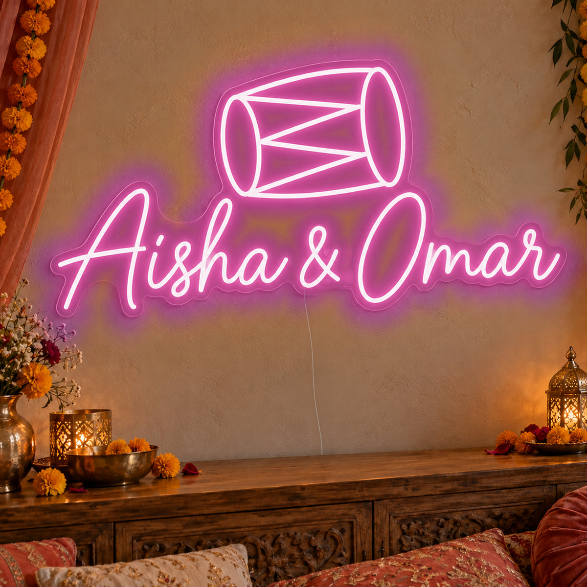 Personalised Dholki Drum Neon Sign in pink LED neon on clear acrylic, angled view
