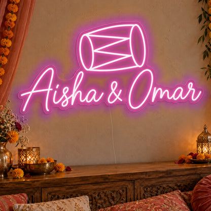 Personalised Dholki Drum Neon Sign in pink LED neon on clear acrylic, angled view