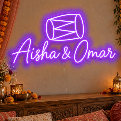 Personalised Dholki Drum Neon Sign in purple LED neon on clear acrylic, angled view