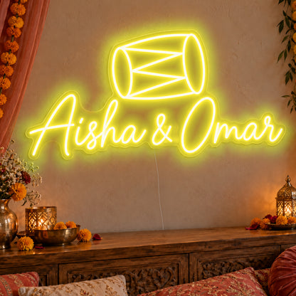 Personalised Dholki Drum Neon Sign in yellow LED neon on clear acrylic, angled view