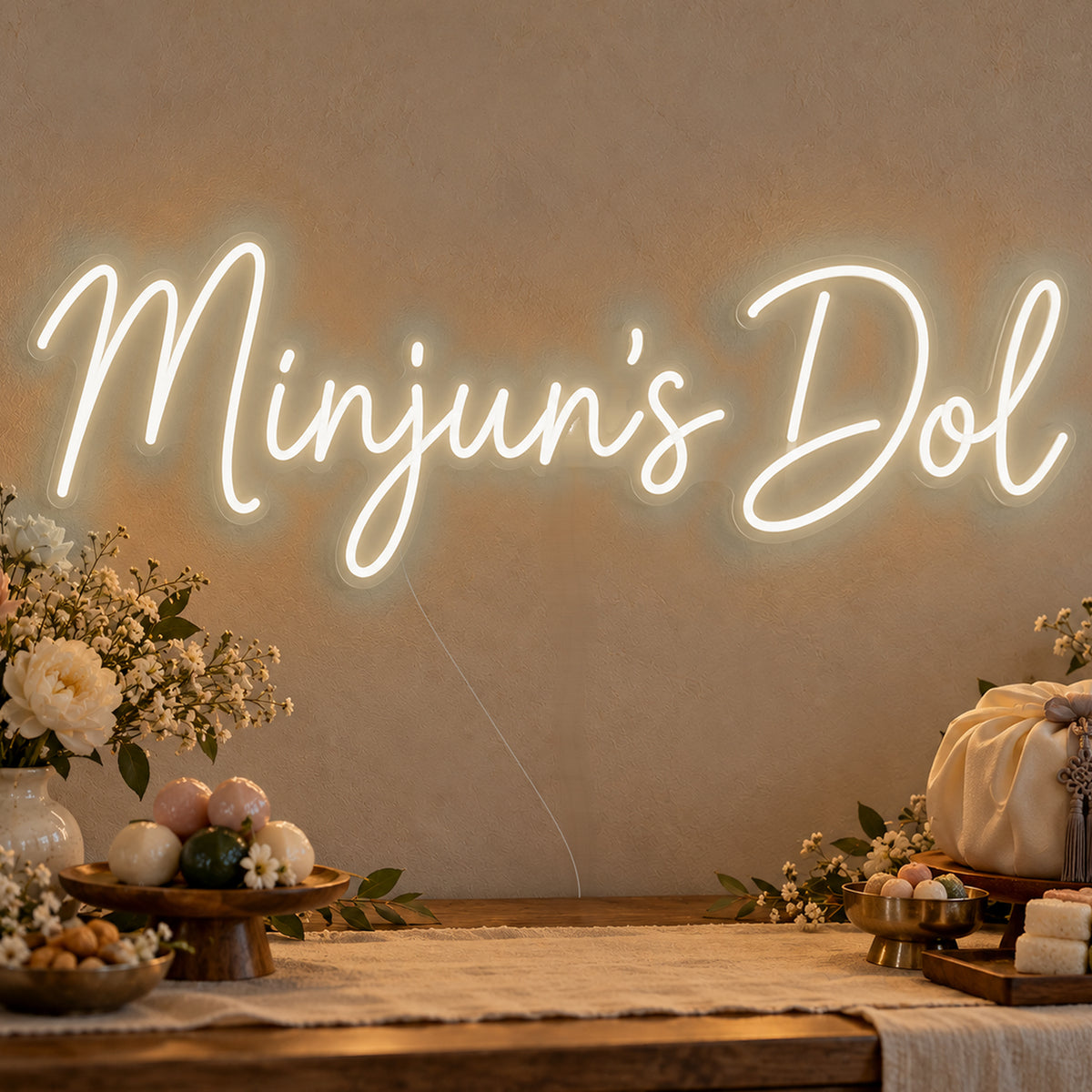 Personalised Dol Neon Sign in warm white LED neon on clear acrylic, angled view