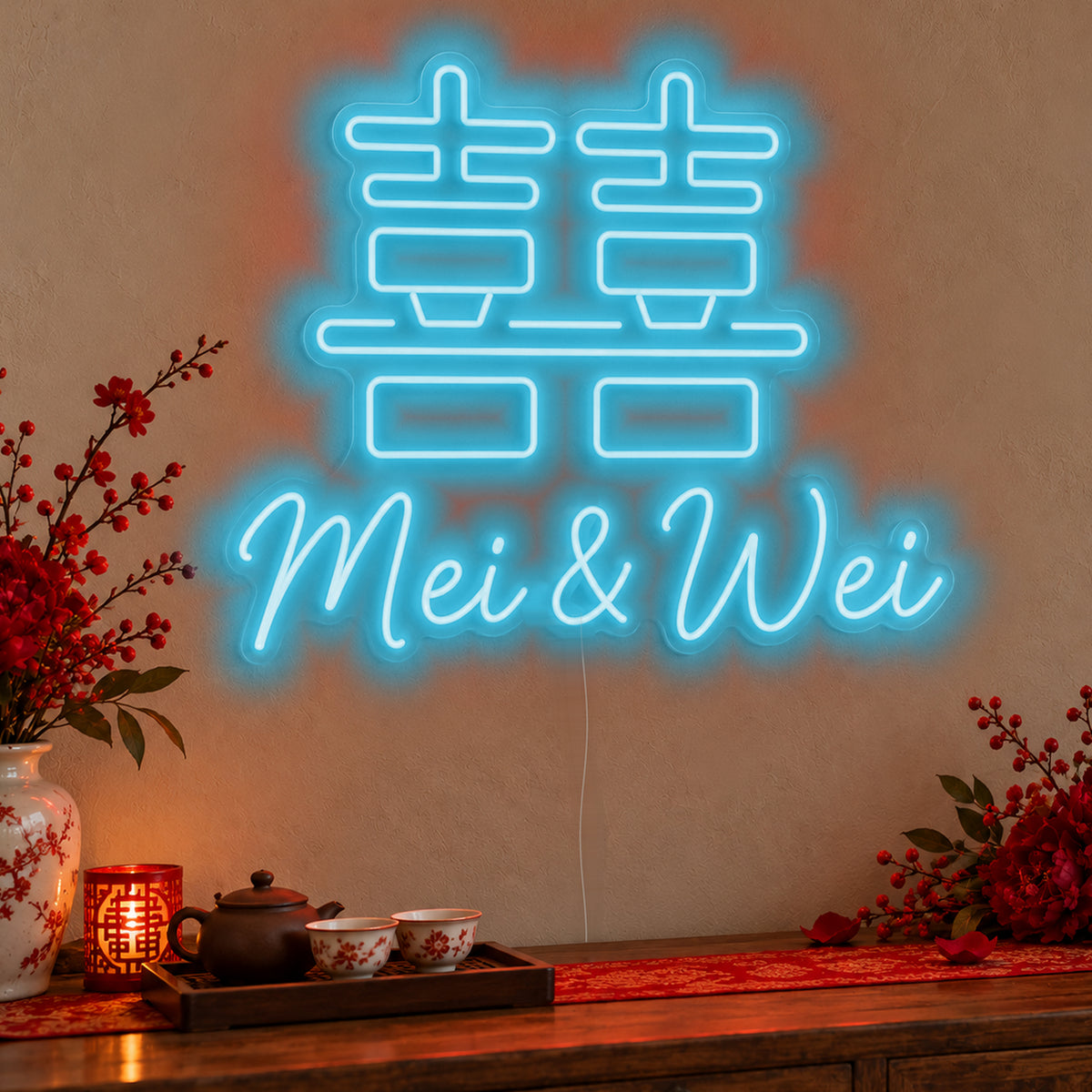 Personalised Double Happiness Names Neon Sign in ice blue LED neon on clear acrylic, angled view