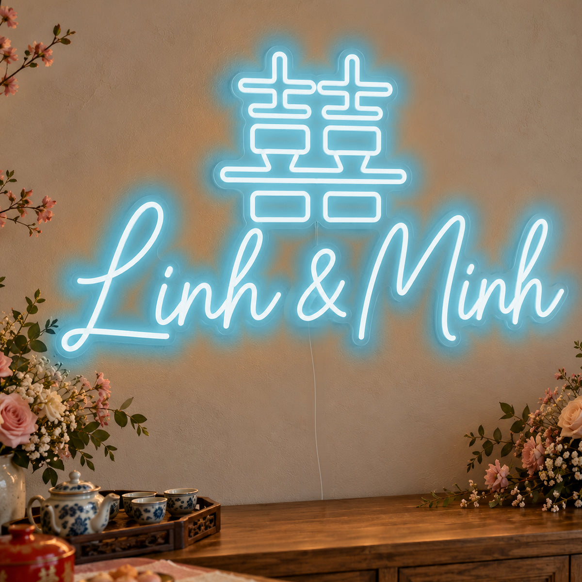 Personalised Double Happiness Vietnamese Names Neon Sign in ice blue LED neon on clear acrylic, angled view