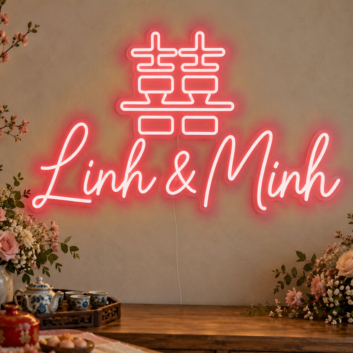 Personalised Double Happiness Vietnamese Names Neon Sign in red LED neon on clear acrylic, angled view