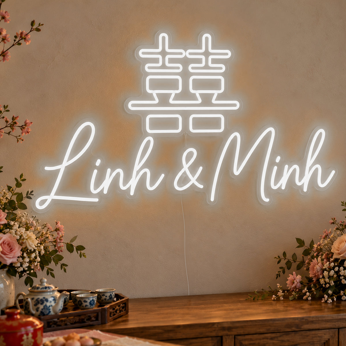 Personalised Double Happiness Vietnamese Names Neon Sign in white LED neon on clear acrylic, angled view