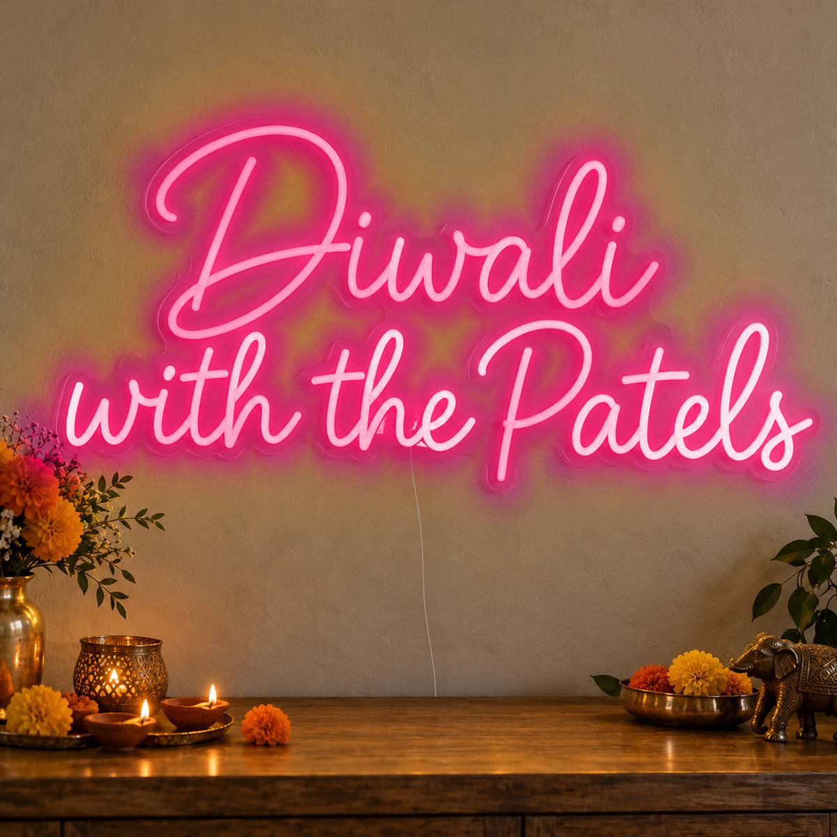 Personalised Family Diwali Neon Sign in rose red LED neon on clear acrylic, angled view