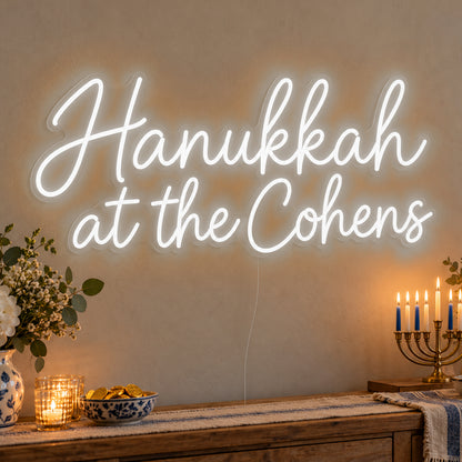 Personalised Family Hanukkah Neon Sign in white LED neon on clear acrylic, angled view