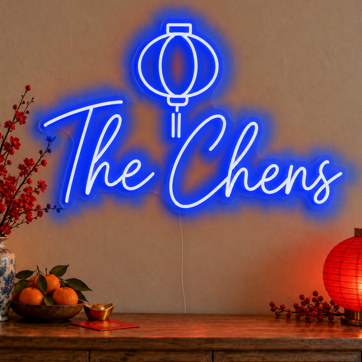 Personalised Family Lantern Neon Sign in blue LED neon on clear acrylic, angled view