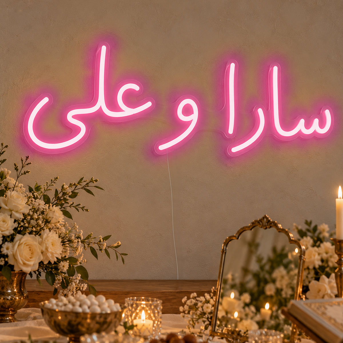 Personalised Farsi Couple Names Neon Sign in rose red LED neon on clear acrylic, angled view