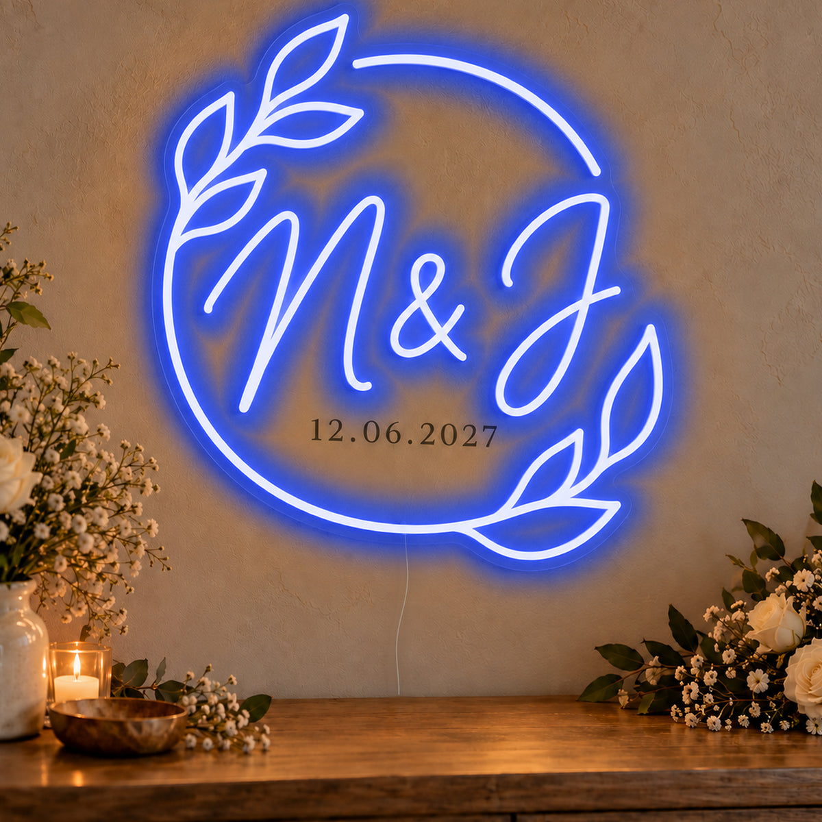 Personalised Filipino Wedding Monogram Neon Sign in blue LED neon on clear acrylic, angled view
