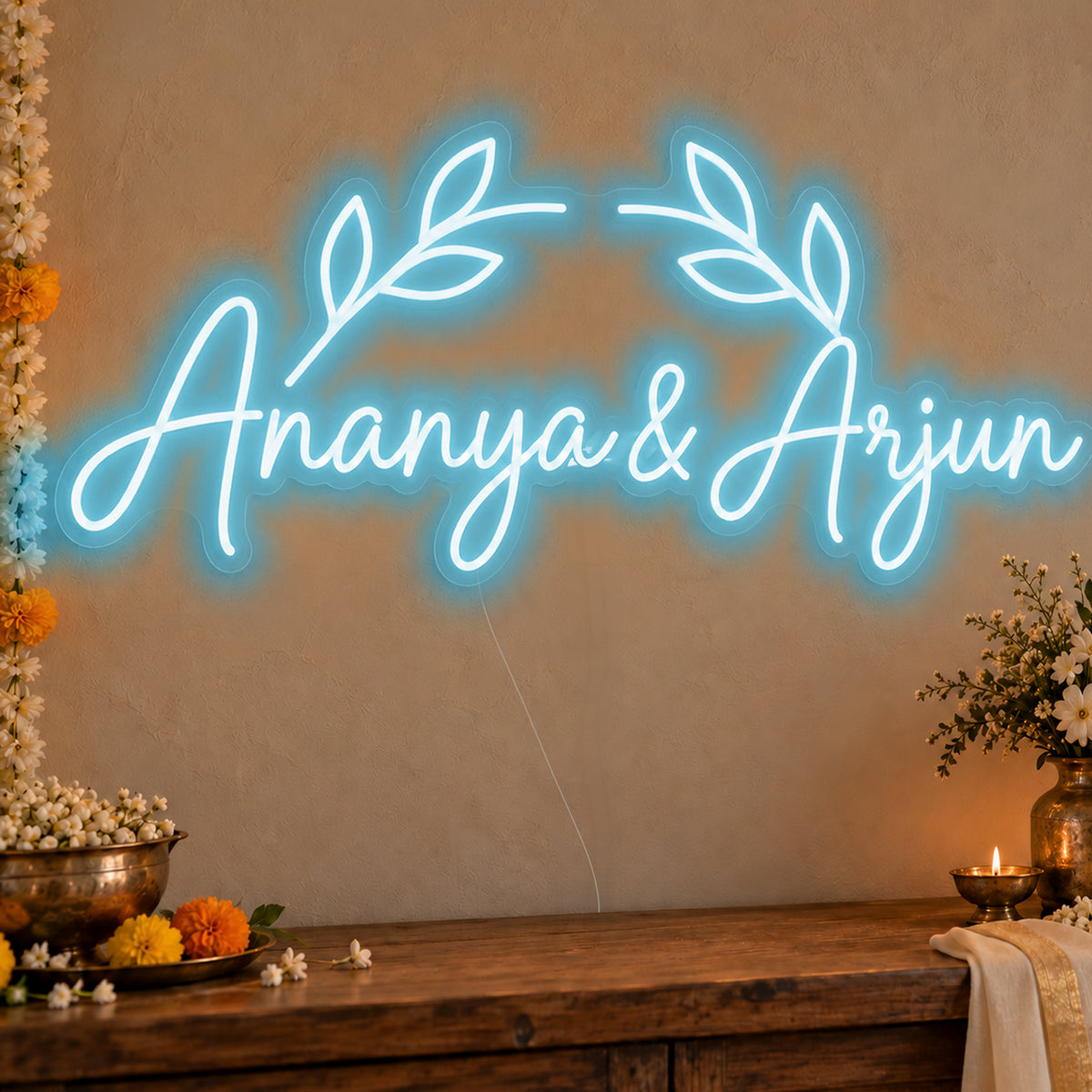 Personalised Floral Arch Names Neon Sign in ice blue LED neon on clear acrylic, angled view