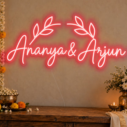 Personalised Floral Arch Names Neon Sign in red LED neon on clear acrylic, angled view