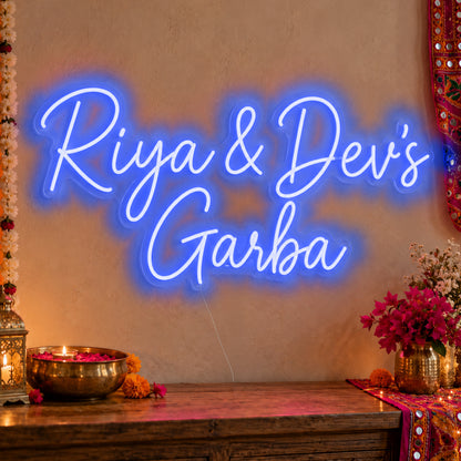 Personalised Garba Neon Sign in blue LED neon on clear acrylic, angled view