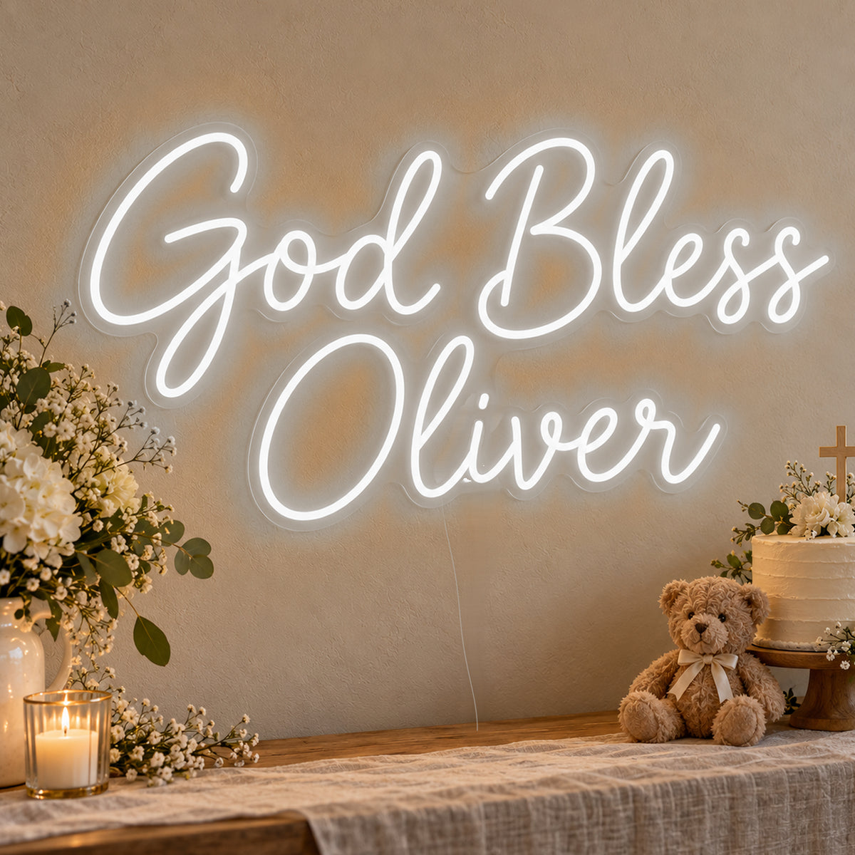 Personalised God Bless Neon Sign in white LED neon on clear acrylic, angled view