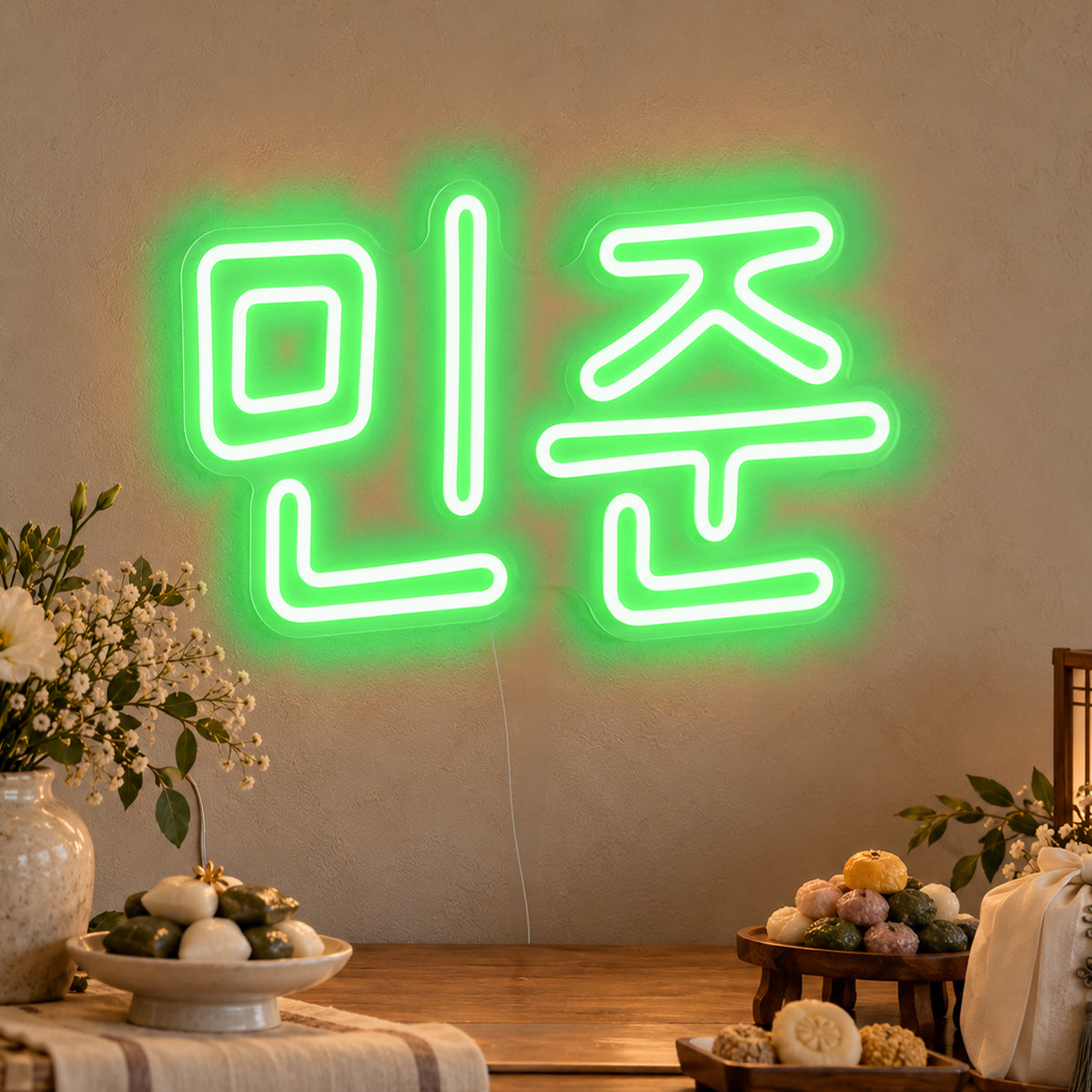 Personalised Hangul Name Neon Sign in green LED neon on clear acrylic, angled view