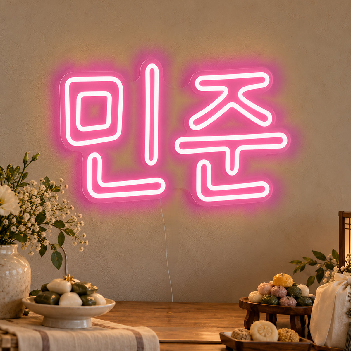 Personalised Hangul Name Neon Sign in rose red LED neon on clear acrylic, angled view