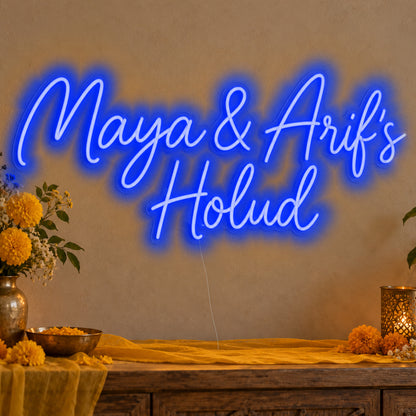 Personalised Holud Neon Sign in blue LED neon on clear acrylic, angled view