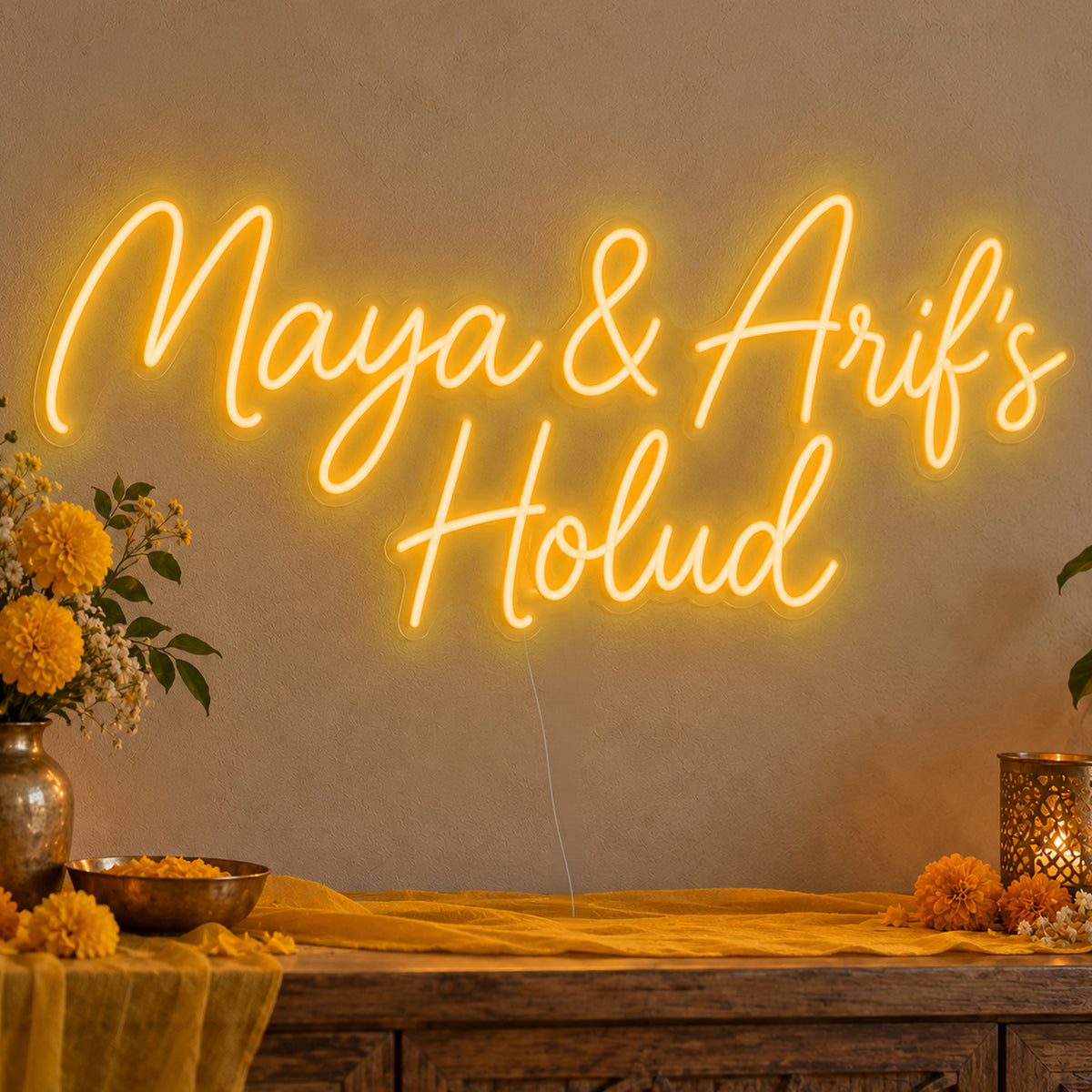 Personalised Holud Neon Sign in gold LED neon on clear acrylic, angled view