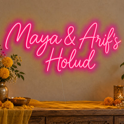 Personalised Holud Neon Sign in rose red LED neon on clear acrylic, angled view